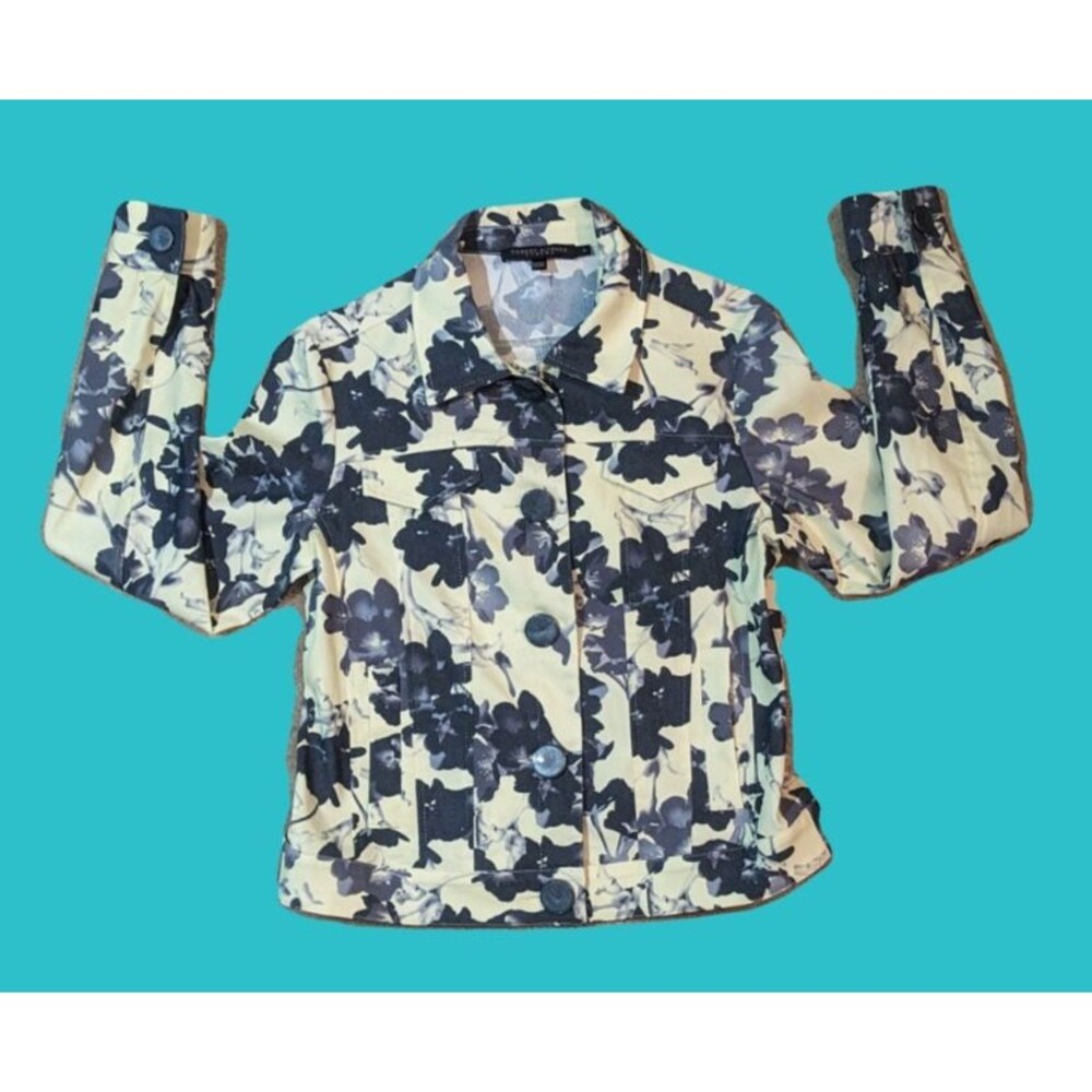 Robert Kitchen Light Yellow Gray Floral Jacket Size Small Preowned